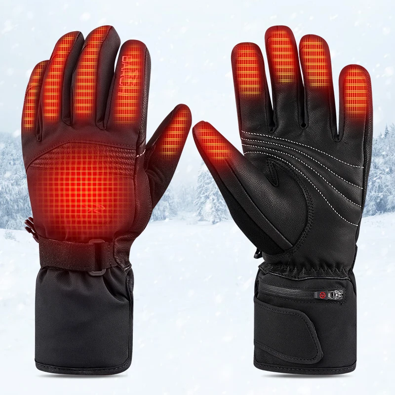 Mens Leather Thermal Smart Heating Black Winter Glove Waterproof Lithium Battery Electric Heated Ski Gloves for Men Women