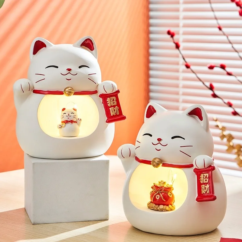 

Chinese Lucky Cat Ornaments Night Light Home Decor Resin Mickey Mouse Figurines Living Room Office Desktop Decor Christmas Gift