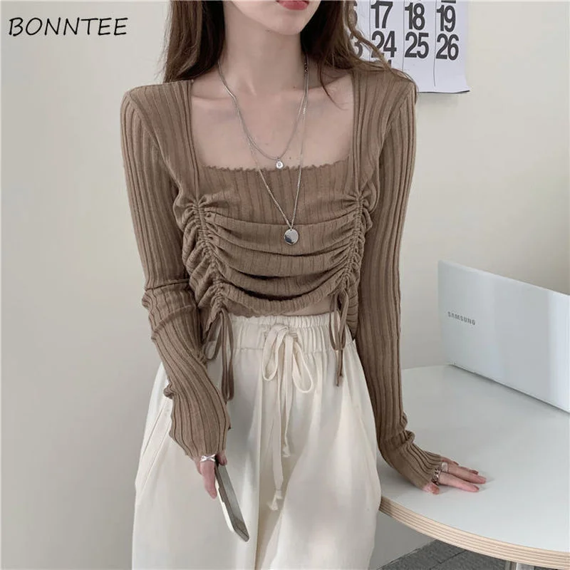 

Crops Pullovers Women Pure Tender Spring Stretchy Square Collar Feminine Knitting Casual Fit Harajuku Stylish New All-match Ropa