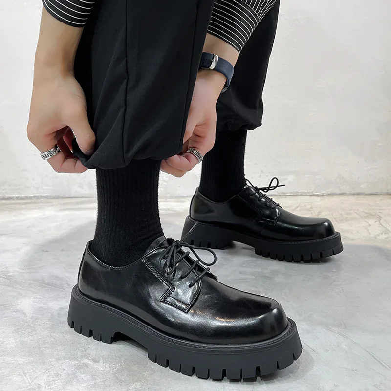 

large size mens casual platform shoes business office formal dress black lace-up derby shoe gentleman footwear original leather