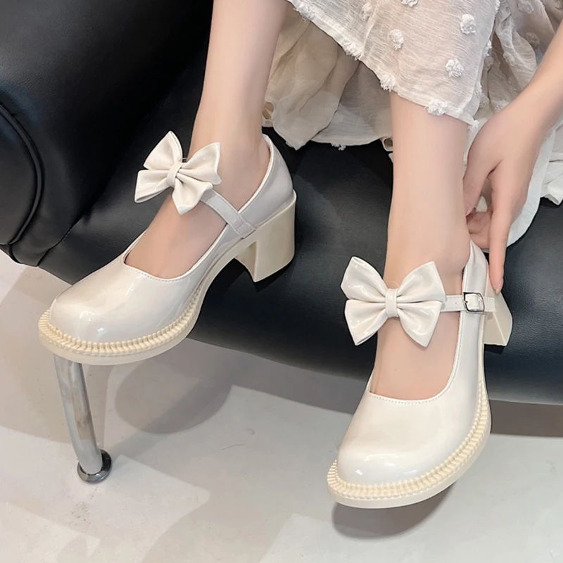 

Lucyever Bowtie Thick Heels Mary Jane Shoes Women Patent Leather Buckle Strap Pumps Woman Sweet Round Toe Student Shoes Mujer
