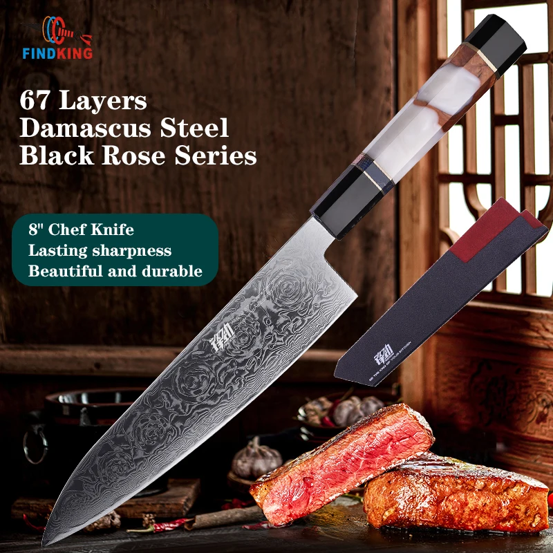 FINDKING Knife Black Rose Series AUS 10 Damascus Steel Kitchen Knives Rose Pattern Professional 8 inch Resin Kitchen Chef Knife