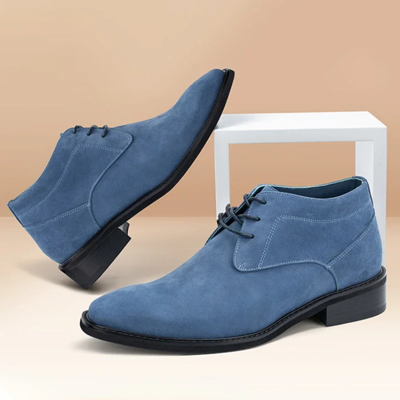 Мужские туфли с невидимой внутренней частью дизайнерская матовая синяя кожаная