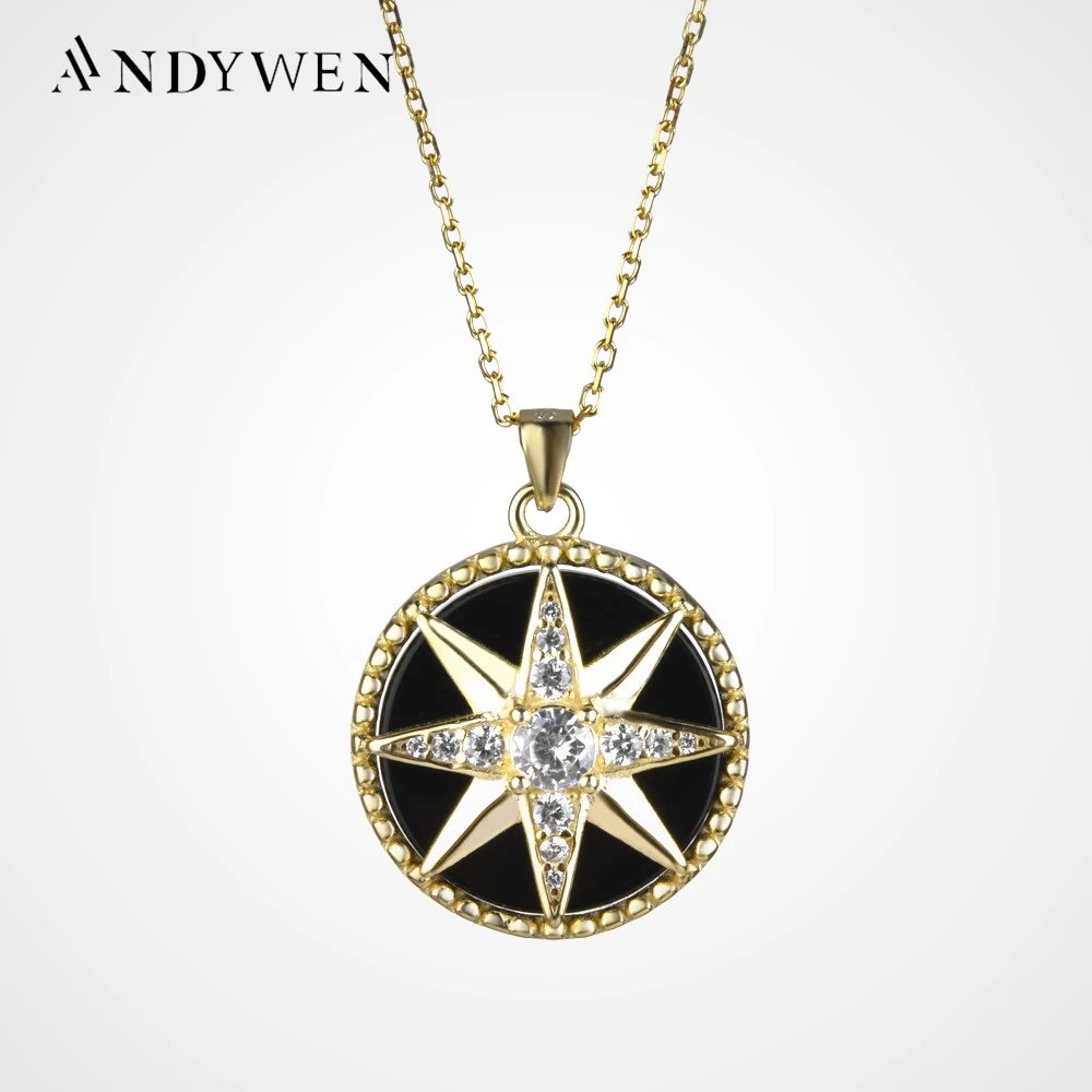 

ANDYWEN 925 Sterling Silver Gold Compass Pendant Round Star Snowflower Necklace Black Enamel Long Chain Thin Women Jewelry