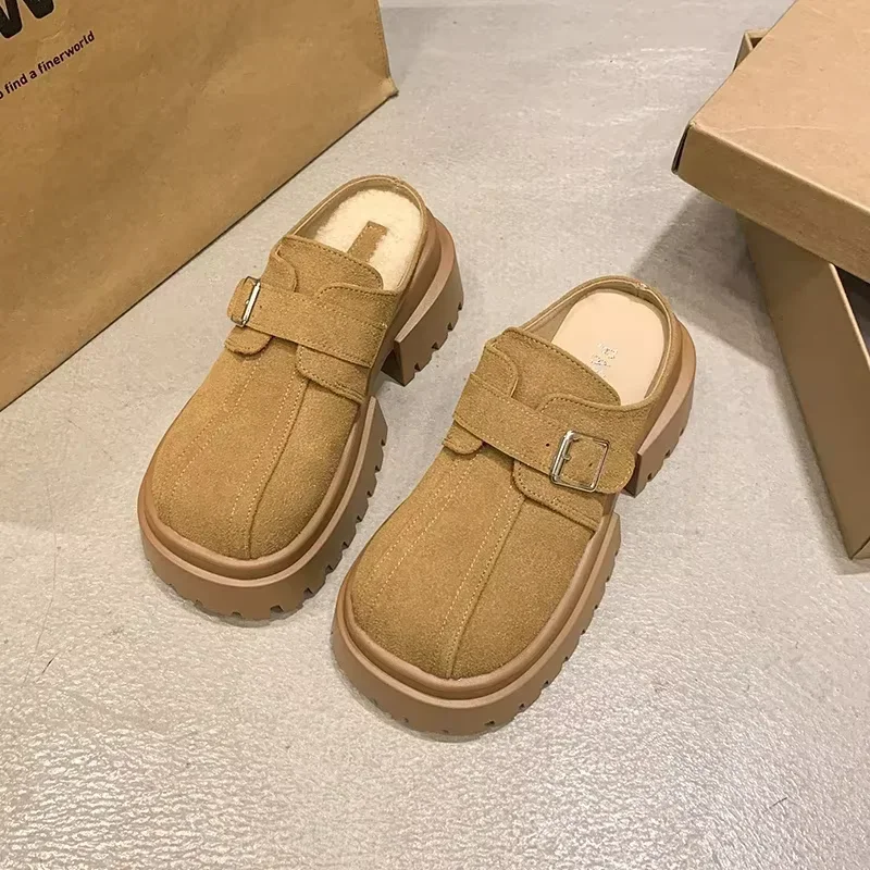 Зимние современные тапочки из коровьей замши на высоком каблуке женская обувь