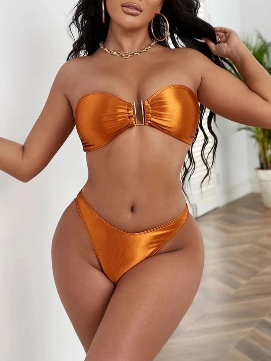 

2023 New Summer Sexy Bikini Set Solid U-shape Chest Wrapping Briefs Swimwear Fashion Holiday Style Beach Women's Swimsuit