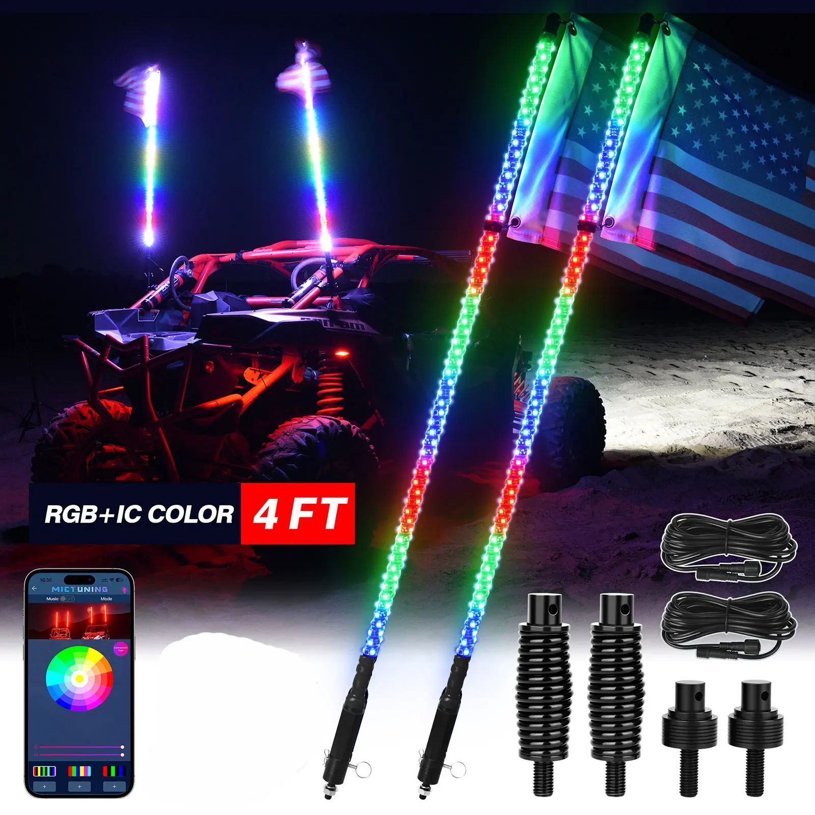 MICTUNING 2 шт. 4 фута светодиодные фонари для управления приложением спиральные
