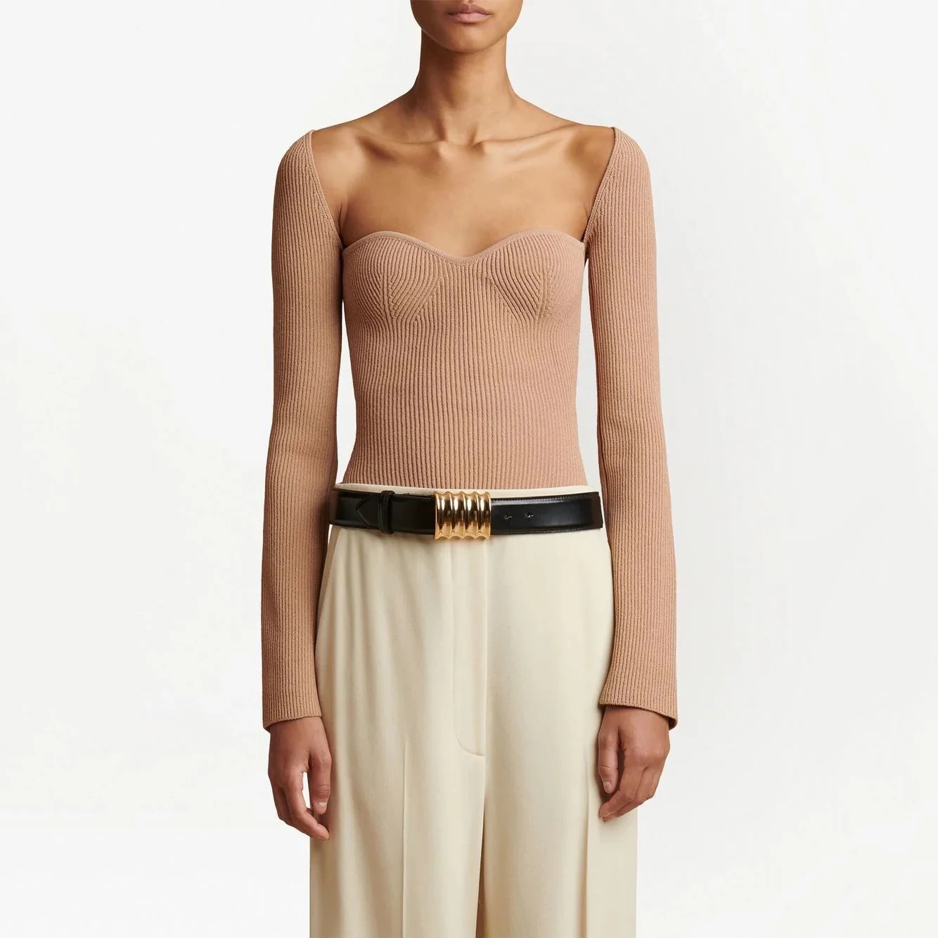 

Элегантный женский свитер с квадратным вырезом и длинным рукавом, трехмерный эластичный трикотажный топ в рубчик y2k, Новинка осени 2023