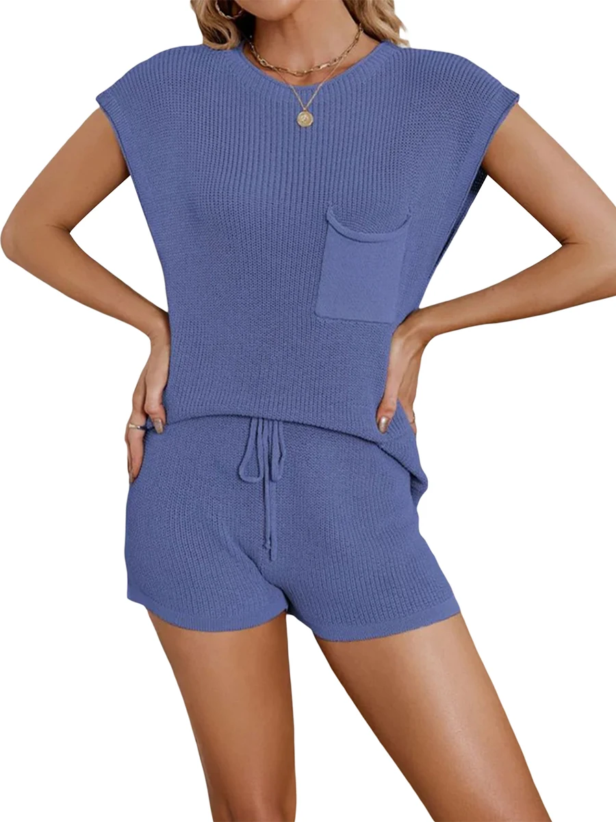 

Conjunto de dos piezas para mujer conjunto de suéter y pantalones de cintura alta conjunto de descanso A-azul Large