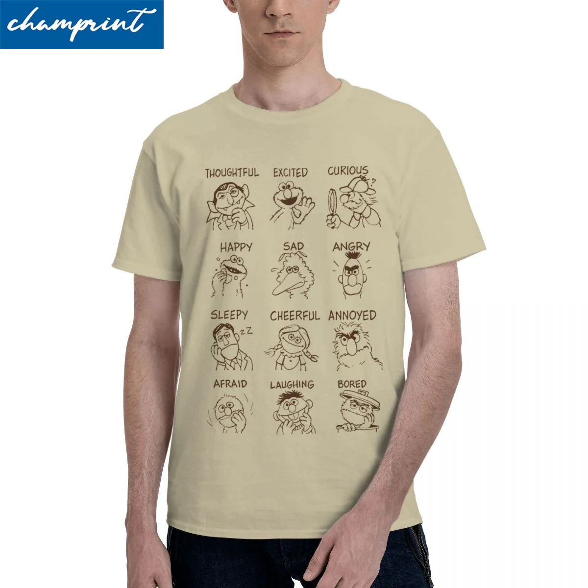 

Забавные футболки Улица Сезам эмоции и чувства, мужские и женские футболки с круглым вырезом из 100% хлопка, футболка с коротким рукавом, оригинальные топы