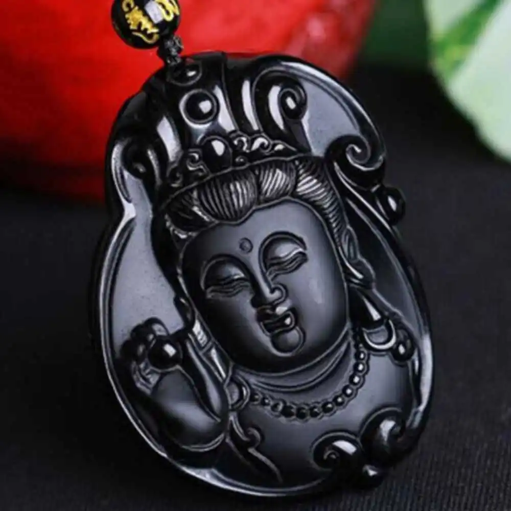 

Natural Obsidian Carved Avalokitesvara Amulet Pendant Jewellery Dragon Natural Fashion Necklace Heart Jewelry Steel Wedding