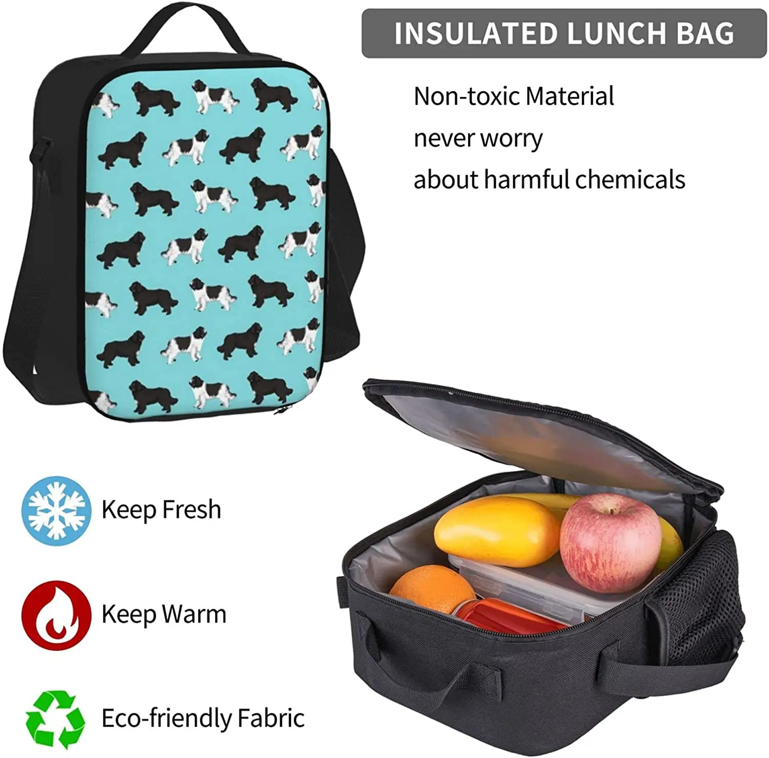 Newfoundlands Dog Fabric Cute Dogs Backpack Set 3-Piece Teen Boys Girls Backpack Messenger Lunch Bag Pencil Case Set