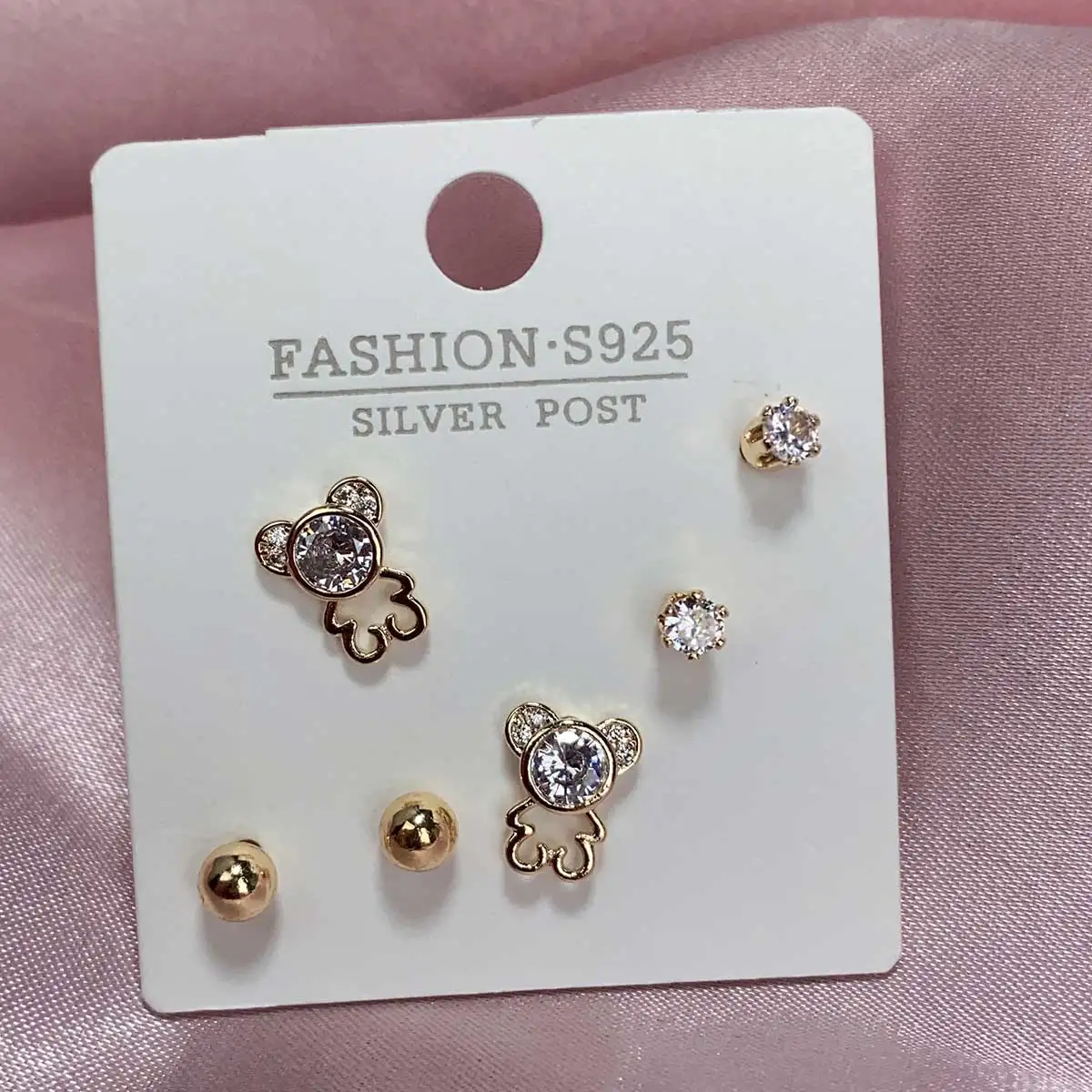 

3Pair/set Delicate Crystal Zircon Small Bear Stud Earrings For Women 2023 Simple Geometric Earrings Girls Sweet Cute Jewelry