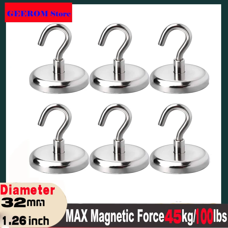 

Magnetic Hooks Strong - Diameter 32mm Heavy Duty Neodymium Hanging Magnetic Hook for Fridge 6 Packs, 100lb Super Strong Magnetis