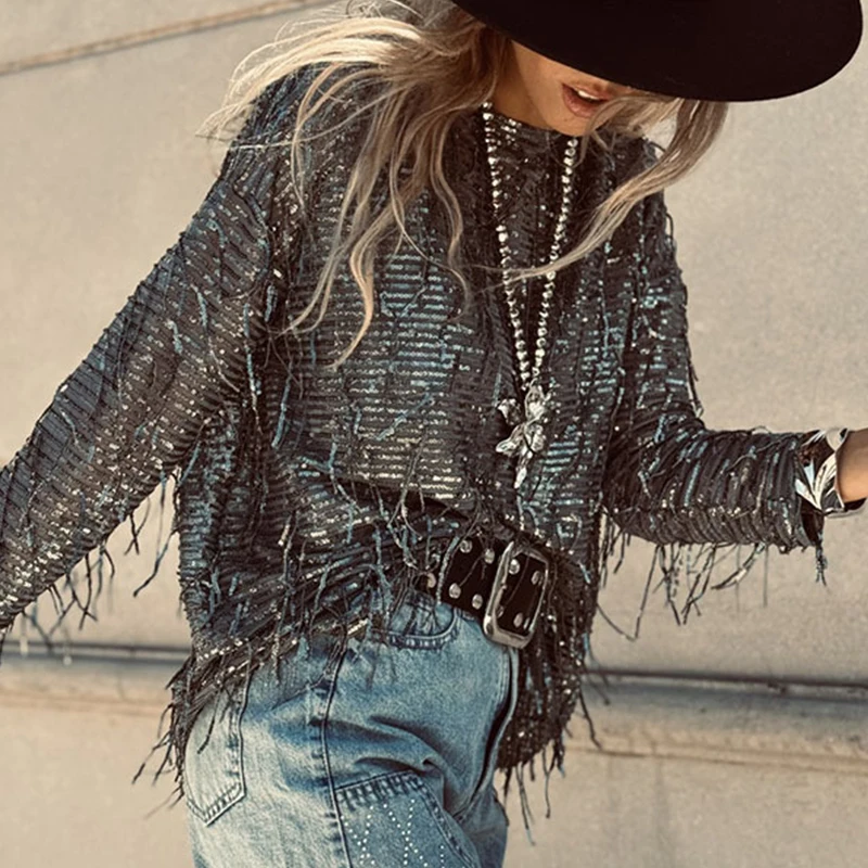 Фото Весенняя элегантная рубашка с бахромой и блестками, Blusa, осенняя женская свободная блузка Casaul, топы, модный пуловер с круглым вырезом и длинными рукавами №4