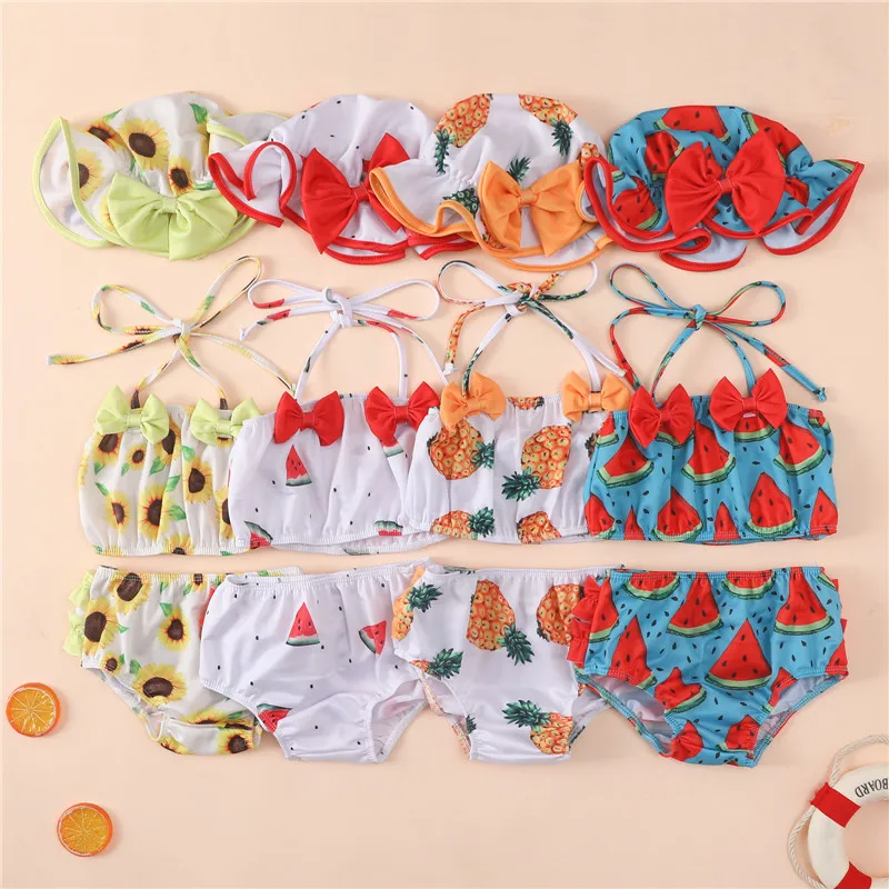 

Lovely Toddler Kids Girls Swimsuits Summer Children Fruit Print Sleeveless Bownot Hater Tops Shorts Caps Swimwear Bathing Suits