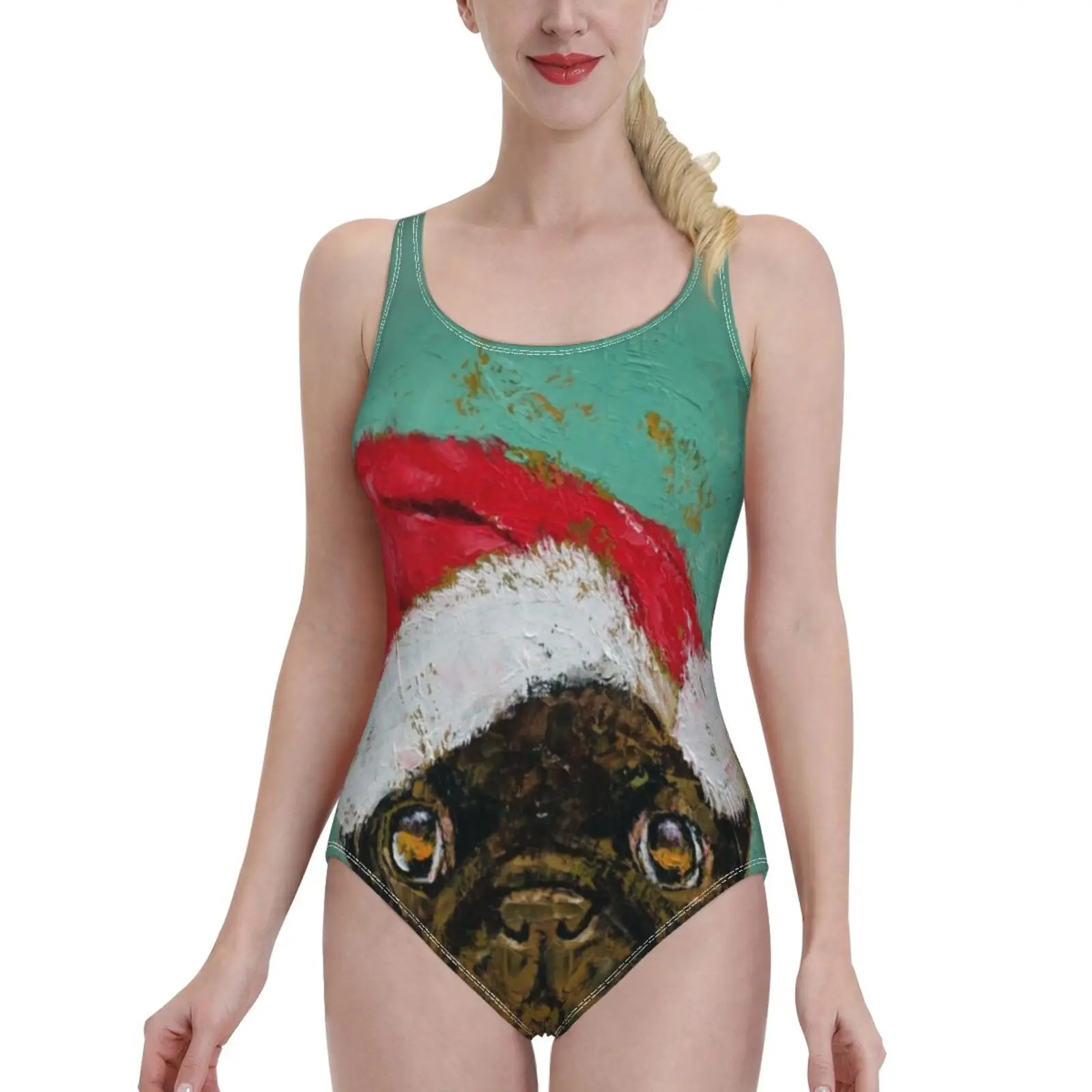 

Женский сплошной купальный костюм с принтом «Санта мопса»