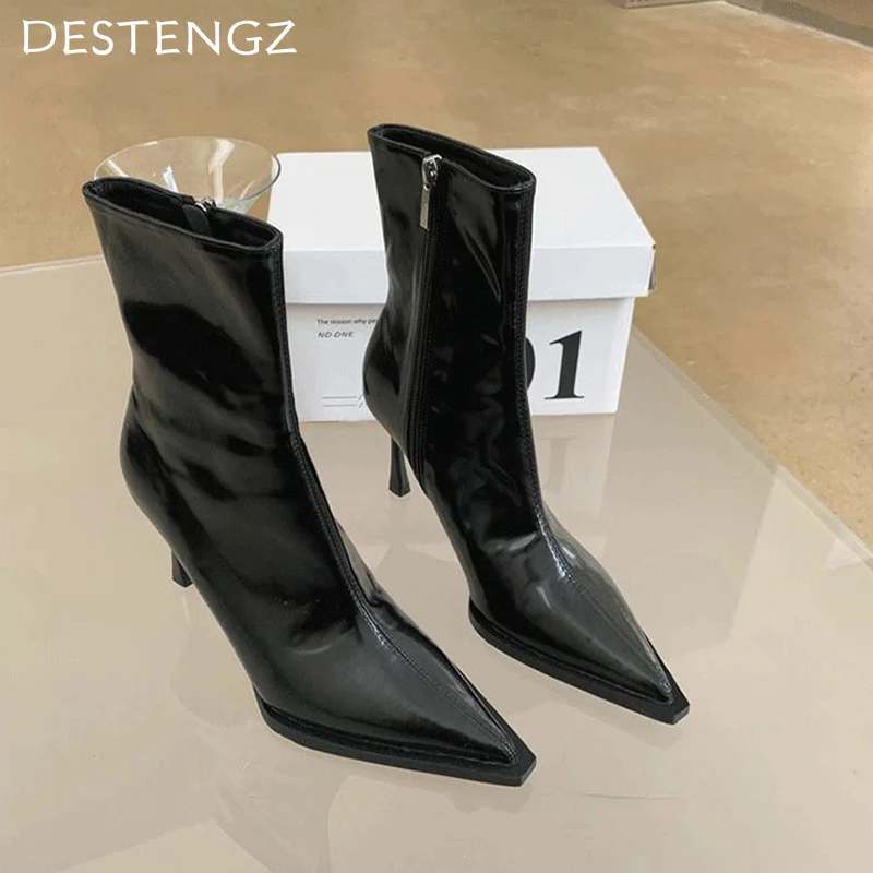 Кожаные женские ботильоны с острым носком модная обувь Sezy на высоком каблуке