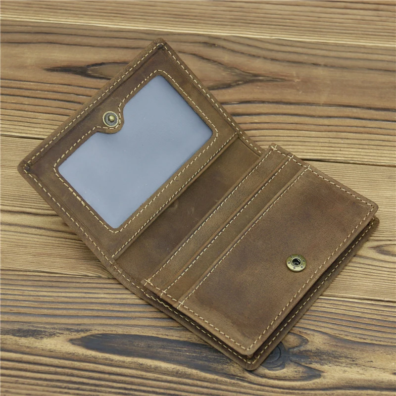 Male Female Genuine Leather Head Layer Cowhide Crazy Horse Large Capacity Button Bag Wallet Retro Small Case Card Holders Purse