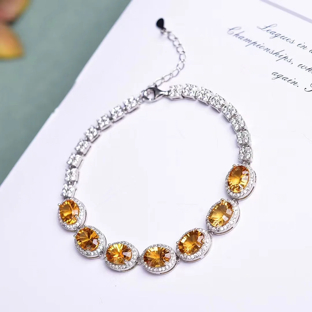 

1 Pc Fengbaowu Natural Stone Citrine Bracelet Faceted Oval Bead 925 Sterling Silver Fashion Jewelry Gift For Women