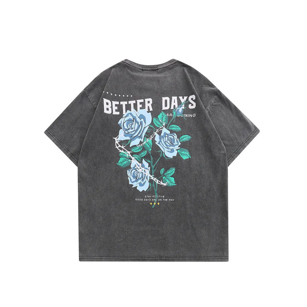 

High Street Casual T-shirt Men INS Fashion Oversize Loose Vintage Rose Letter Print Floral Man Tops Cotton Unisex Tee Male