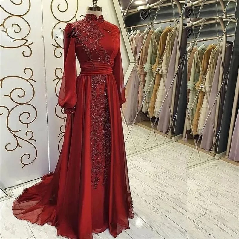 

2023 Burgundy Dubai Muslim Evening Dresses With Lace Appliques Puff Sleeve Beaded Party Dress A Line Formal Gown Turkey Arabia