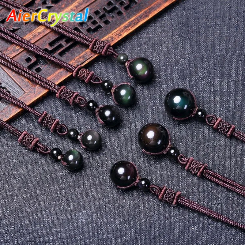 

Rainbow Eye Obsidian Bead Pendant Round Ball Crystal Necklace Adjustable Rope Natural Crystal Jewelry Stone Souvenir Gifts