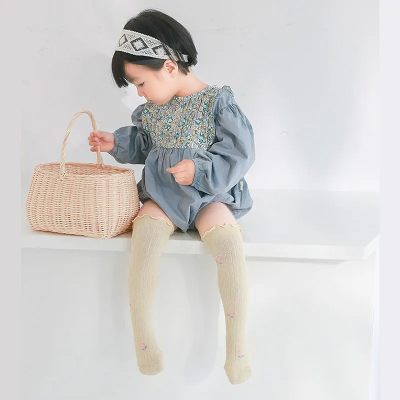 

1 Pair Knee High Sock for Baby Girl Spring Autume Combed Cotton Calf Sock Korea Cute Floral Soft Ruffle Sock for 0-36 Month Baby