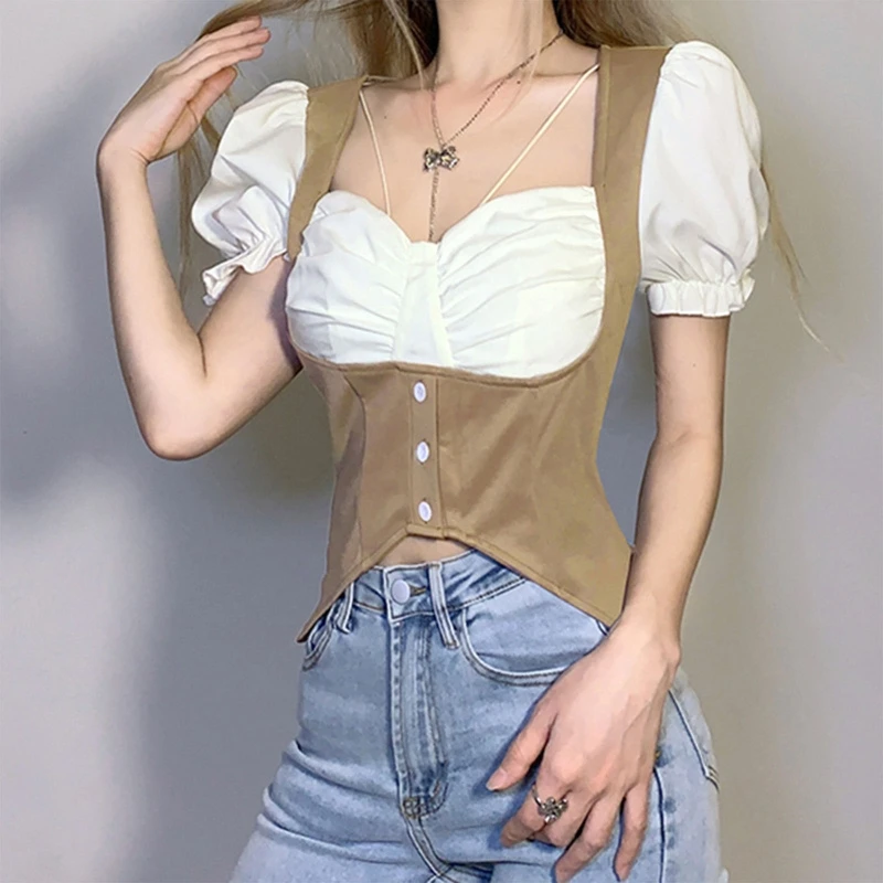 

Women Puff Short Sleeve Crop Top Square Neck Colorblock Irregular Corset T-Shirt
