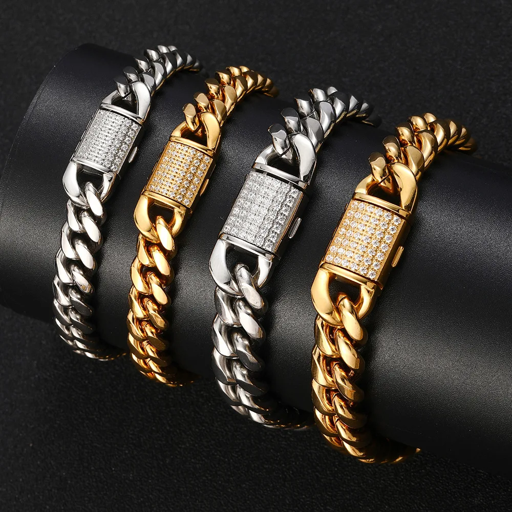 

Golden Hip Hop Men's Bracelet Stainless Steel Zircon Flap Buckle Round Mill Encrypted Cuban Chain for Men Women Fashion Jewelry