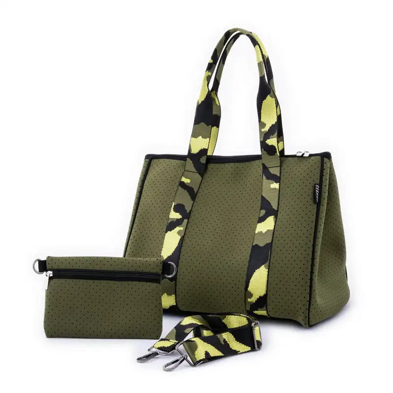 

Chic Neoprene Zipper Tote Bag for Women, Camo Strap Travel Gym Handbag, Perfect Everyday Makeup Pouch and Beach Bag.