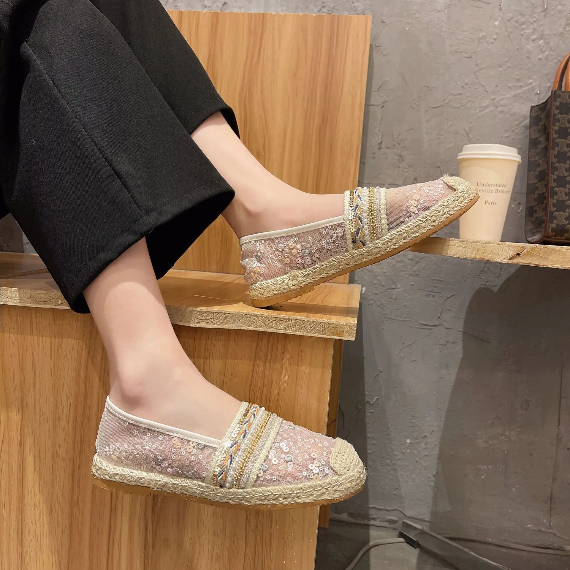 2023 Transparent Sandal for Pregnant Flat Shoes Women's Outdoor Casual Beach Shoes Summer Female Mesh Breathable Sequin Loafers