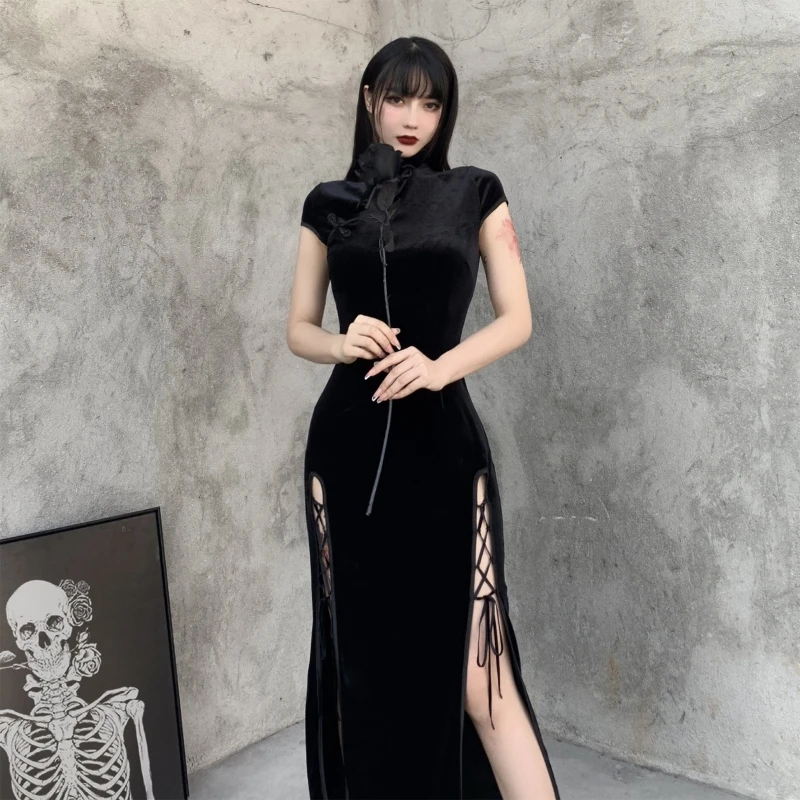 

Women Sexy Short Sleeve Velvet Buttons Side Split Lace-Up Long Cheongsam Dress P8DB