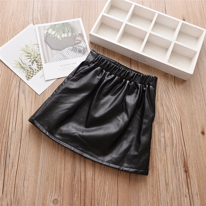 Spring Autumn Pu Leather Skirt for kids Baby Girls Clothing  Button Design Pleated Skirts Children Clothes