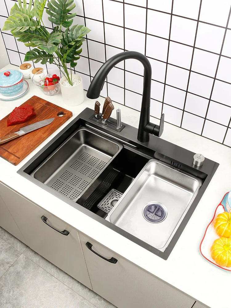 

Одиночная черная раковина из нержавеющей стали nano 304, кухонная раковина толщиной 3 мм, большая раковина под столешницу