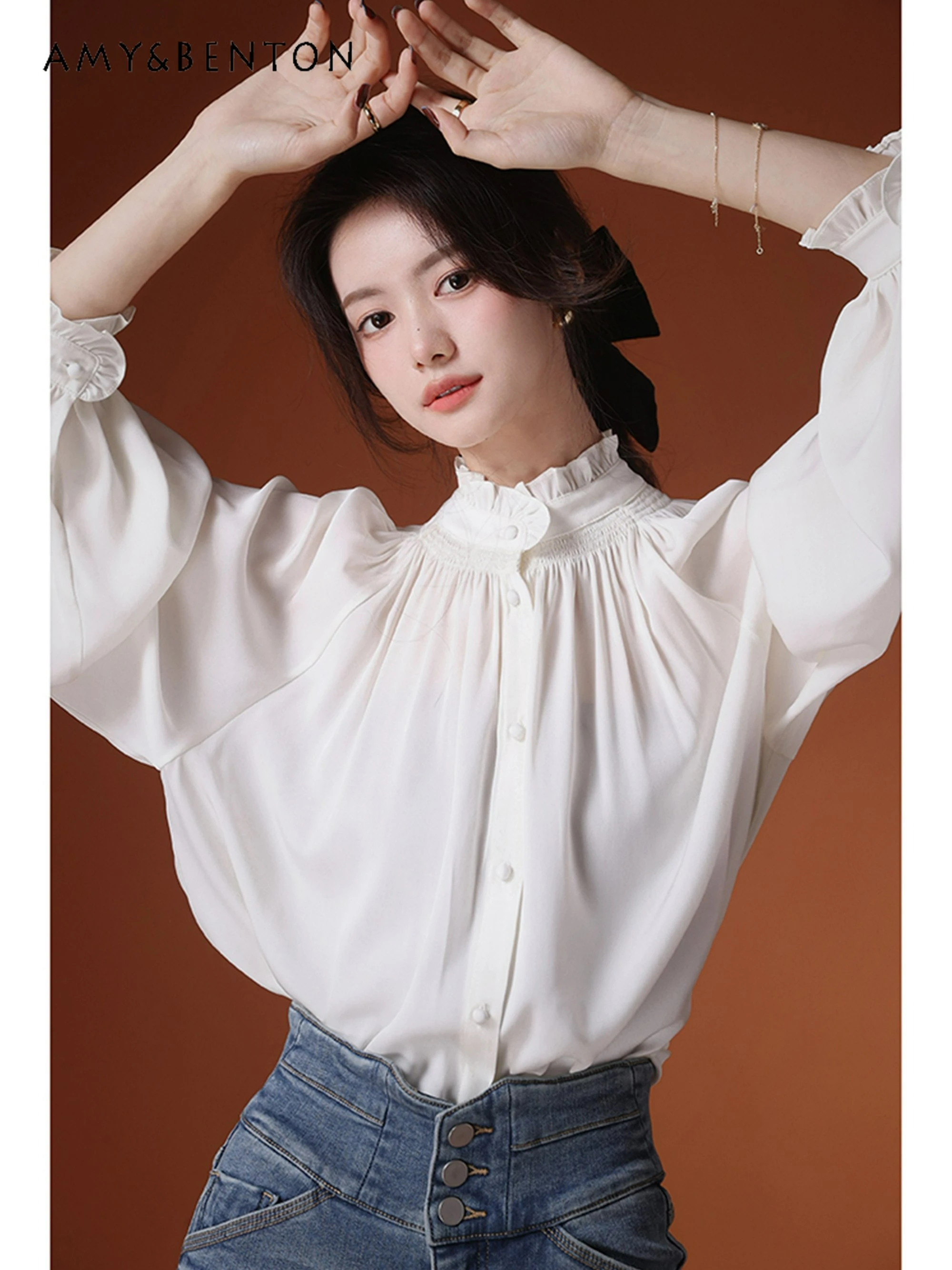 

Commute Style Fashion Stand-up Collar Lace White Blouse Women Autumn Gentle Girl Lantern Sleeve Loose Casual Camisas De Mujer