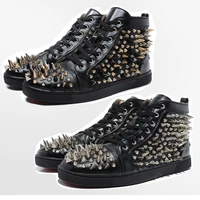 punk style black miscellaneous nail high top flat shoes red bottom leffer shoes round head sports shoes mens casual shoes