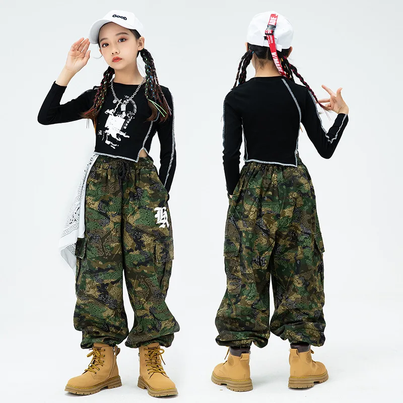 

Укороченный топ для девочек в стиле хип-хоп, камуфляжные свободные брюки-карго, женские комплекты, Детская уличная одежда, детские уличные танцевальные джоггеры, костюм для подростков