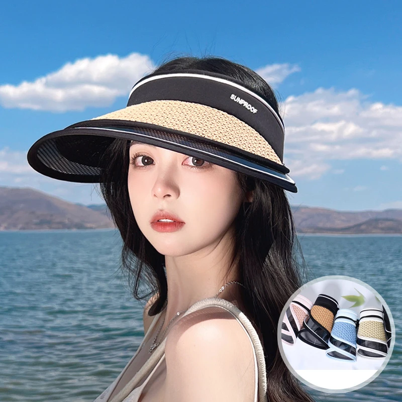 

Foldable Sun Hat for women Wide Brim Summer Empty Top Straw Hat Outdoor Beach Travel Visor Fisherman Hats Ponytail Panama Cap