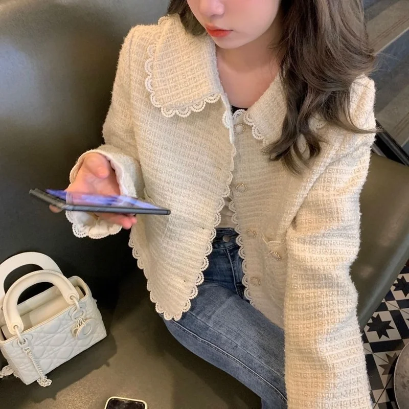 

Autumn Tweed Coat Women French Elegant Temperament Peter Pan Collar Patchwork Lace Design Loose Chic Single-Breasted Jacket E334