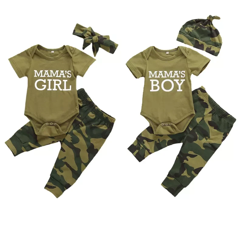 Baby Girl Boy Clothes Mommy Sayings Top Printed T-Shirt Camouflage Pants+Hats Romper Outfit Set