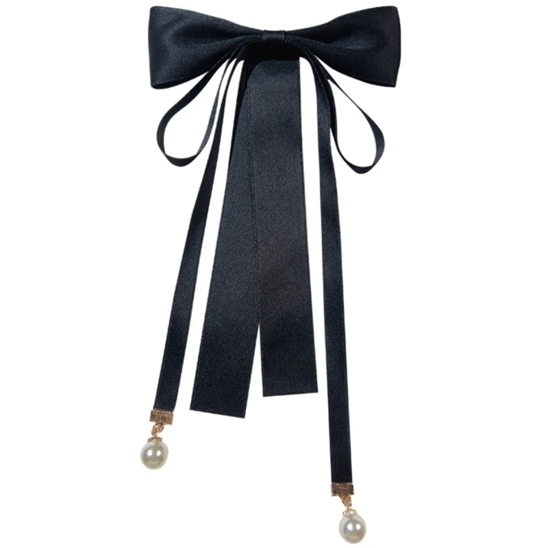 

Black BowTie Collar Pin Brooch with Pearl Pendant SatinRibbon Brooch Bowtie Necktie for Girls Women Fashion Accessory