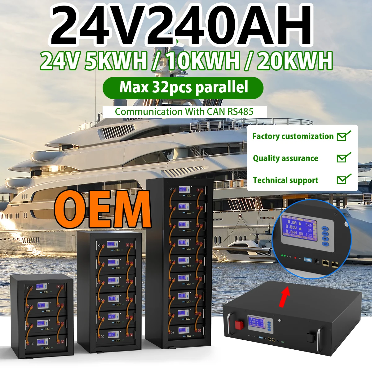 

Аккумулятор литиевый для шины CAN, 24 В, 240 Ач, 6 кВт, макс. 32 шт. параллельных с протоколом связи RS485