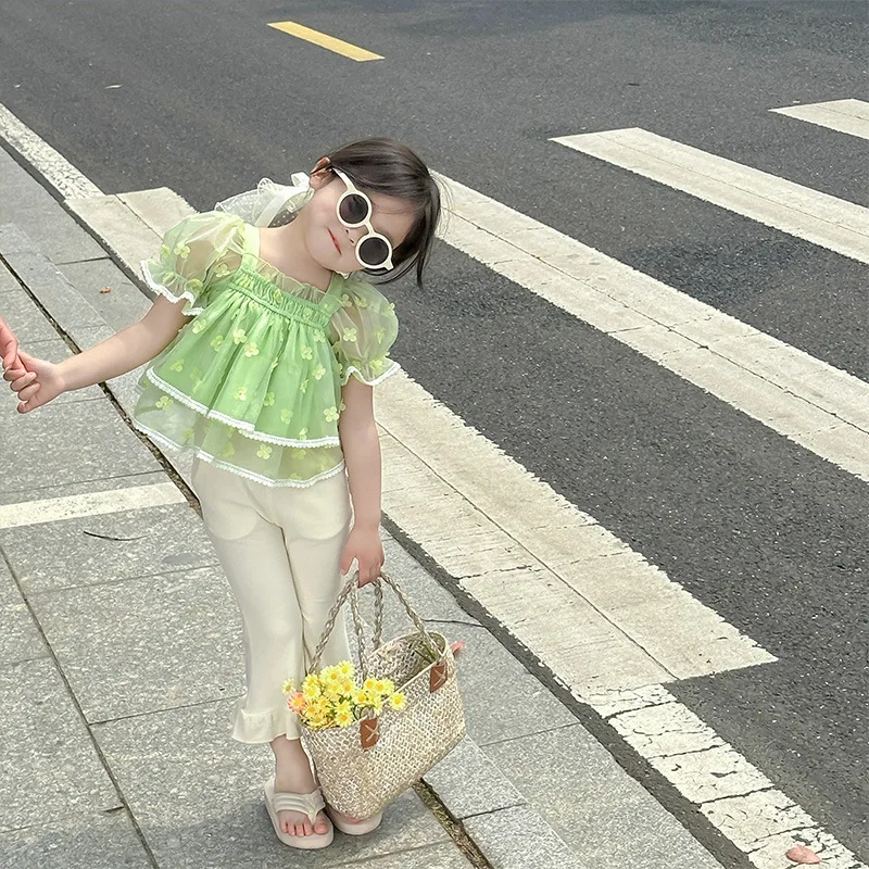 

2023 Sumemr New Children Shirt Sweet Kids Blouses Short Sleeve Floral Tulle Girls Tops Baby Clothes Cute Clothing C01