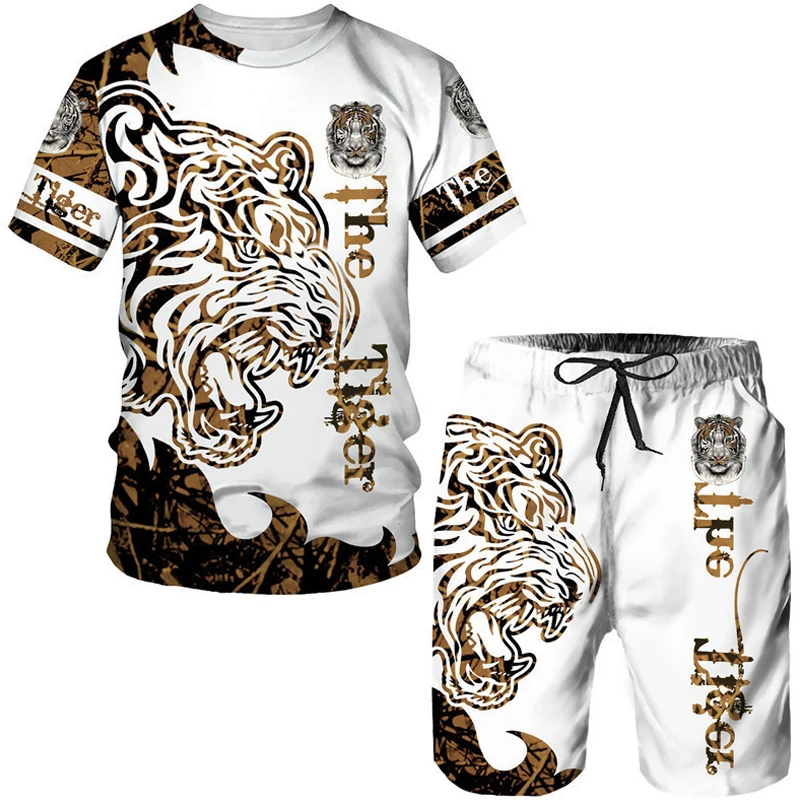 Summer Men's Animal Tattoo White Short Sleeve T-Shirt The Lion 3D Printed O-Neck Tees&Shorts Suit Casual Sportwear Tracksuit Set