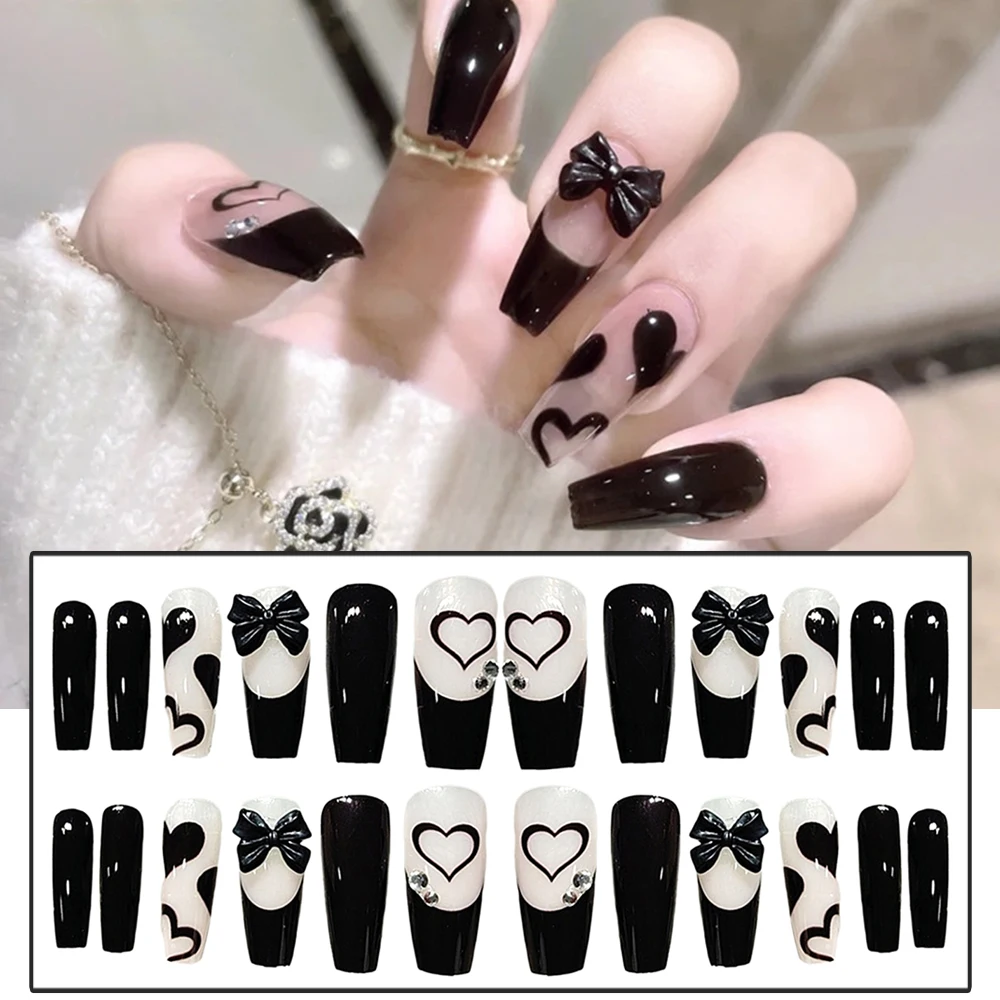 24pcs Long Press On Nails Cute Black Bow Design Fake Nails Full Coverage Nail Manicure Salon DIY Art Dark Style Nails Tips Uñas