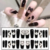 24pcs long press on nails cute black bow design fake nails full coverage nail manicure salon diy art dark style nails tips u%c3%b1as