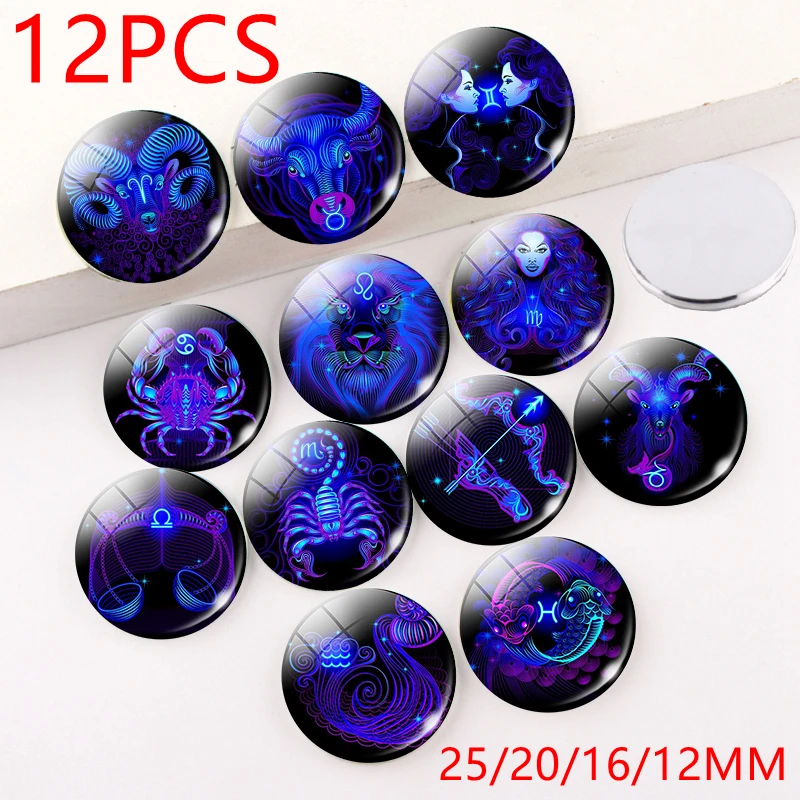 

12pcs Zodiac Signs 25MM 20MM 16MM 12MM Glass Cabochon Constellation Decoration DIY Jewelry Making Findings Supplies