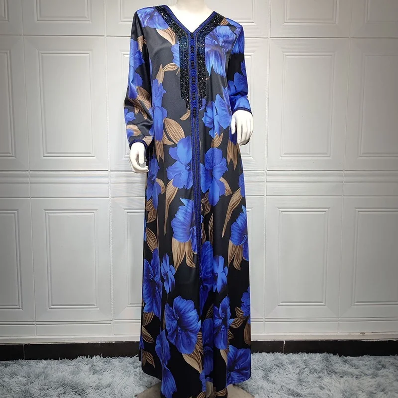 Jalabiya Muslim Dress Women Embroidery V Neck Full Sleeve Robes Spring Autumn Floral Print Islam Abayas Muslim Party Long Dress