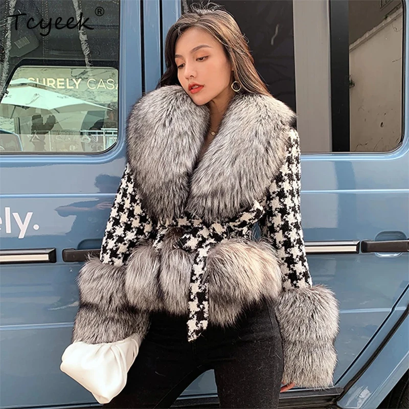 

Fur Coats Woman Winter 2023 Korean Thousand Bird Lattice Natural Fox Fur Large Collar Slim Fit Waist Tie Short Jackets Female
